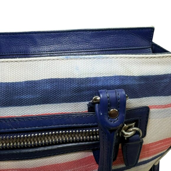 Coach Stripe Canvas & Navy Leather Satchel Tote – Tassel Bag Zip Pocket – Large - Picture 8 of 13